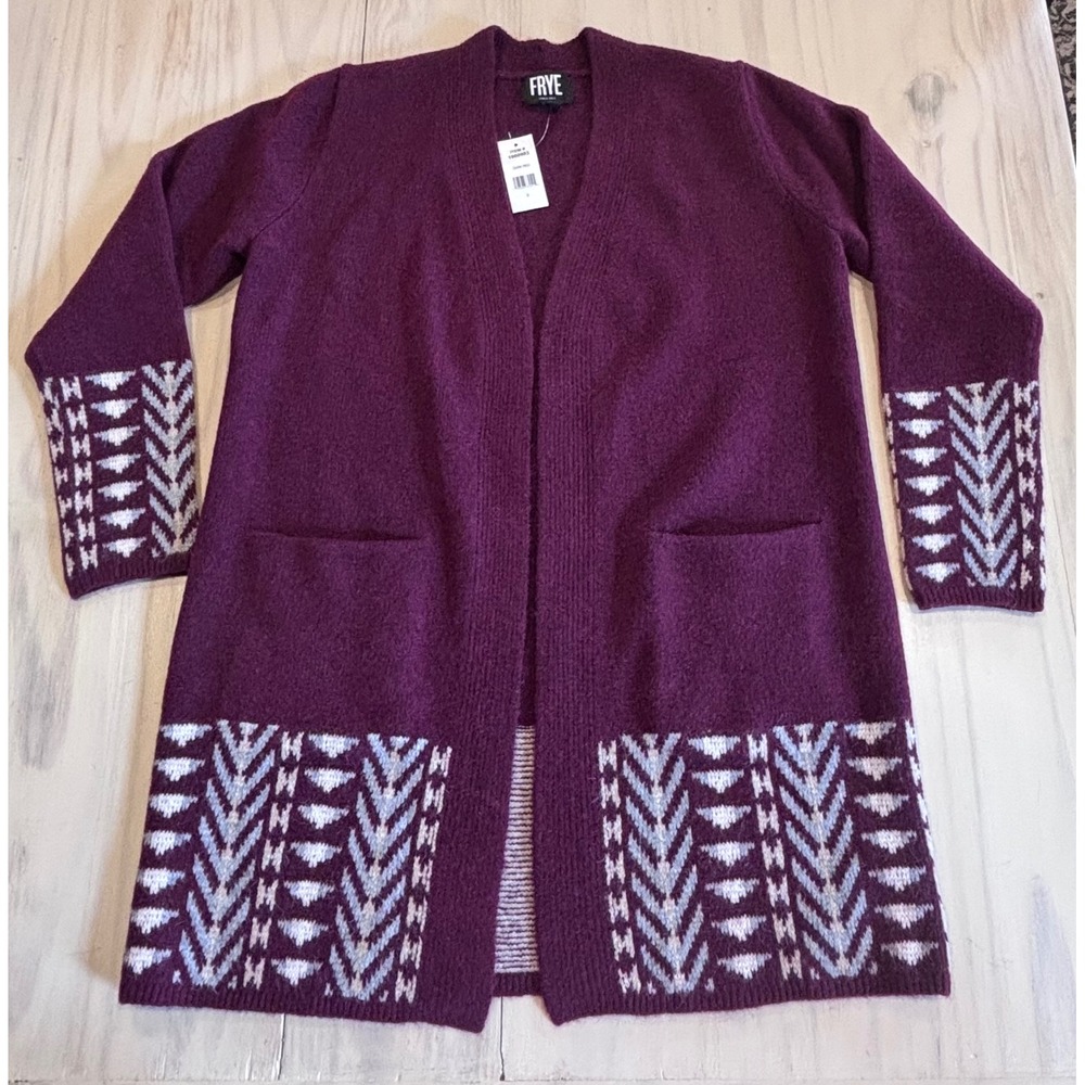 New Frye Women's Dark Red Fair Isle Open Front  Cardigan Sweater S Boho Preppy